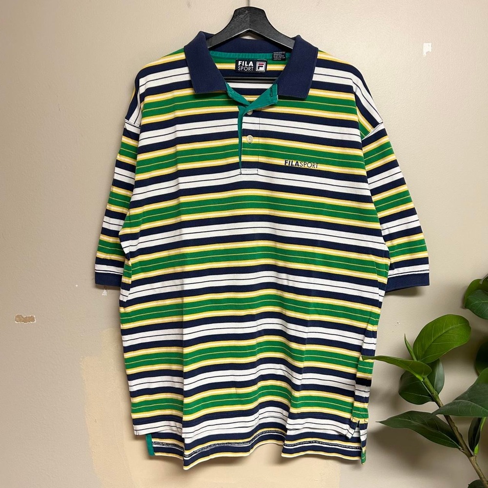 Vintage 90s Fila Sport Mens L Green Navy Striped Cotton Polo Shirt